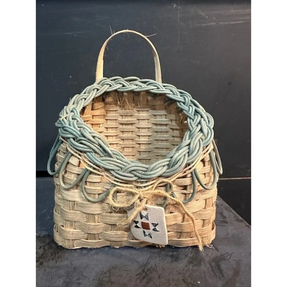 Handmade Woven Wall Pocket Basket Blue Green Ceramic Star Charm Rustic Decor